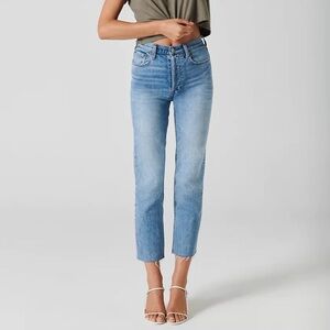 Aritzia Denim Forum blue frayed hem Arlo High Rise Straight jeans - 25 W 28 L